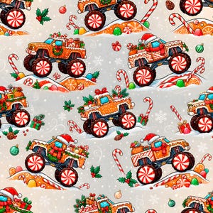 Boys Monster Truck Christmas Seamless Pattern | Holiday Truck Vehicle Digital Paper | Candy Cane Cars Christmas File