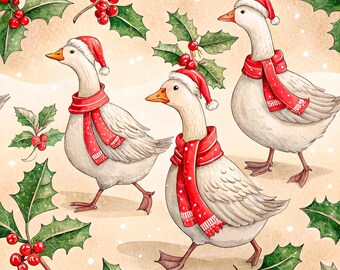 Fool Christmas Goose on Green seamless repeating paper Neutral surface pattern digital repeating North Pole geese costumes digital design