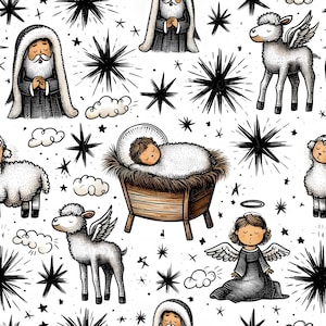 Könnte beinhalten: Wiederholendes Muster mit Illustrationen eines Babys in einer Krippe, Engeln, geflügelten Schafen und Figuren in Roben. Das Design umfasst schwarze Sternausbrüche und Wolken auf weißem Hintergrund und schafft ein festliches Urlaubsthema.