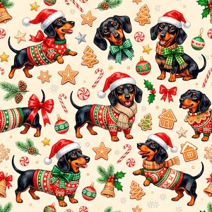 May include: A repeating pattern featuring black and tan dachshunds wearing red and green holiday jumpers, Santa hats, and scarves. The design includes gingerbread biscuits, candy canes, pine branches, and Christmas baubles on a cream background.