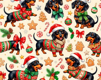 Dachshund Christmas Seamless Pattern, Wiener Dog Digital Paper, Sausage Dog Christmas Seamless Pattern, Holiday Pet Fabric Print