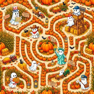 May include: A repeating pattern featuring white ghosts in a pumpkin patch maze. The ghosts are dressed as a baseball player, a mail carrier, a statue of liberty, and a cowboy. Includes tractors, hay bales, lanterns, and signs reading CIDER and PUMPKIN PATCH.