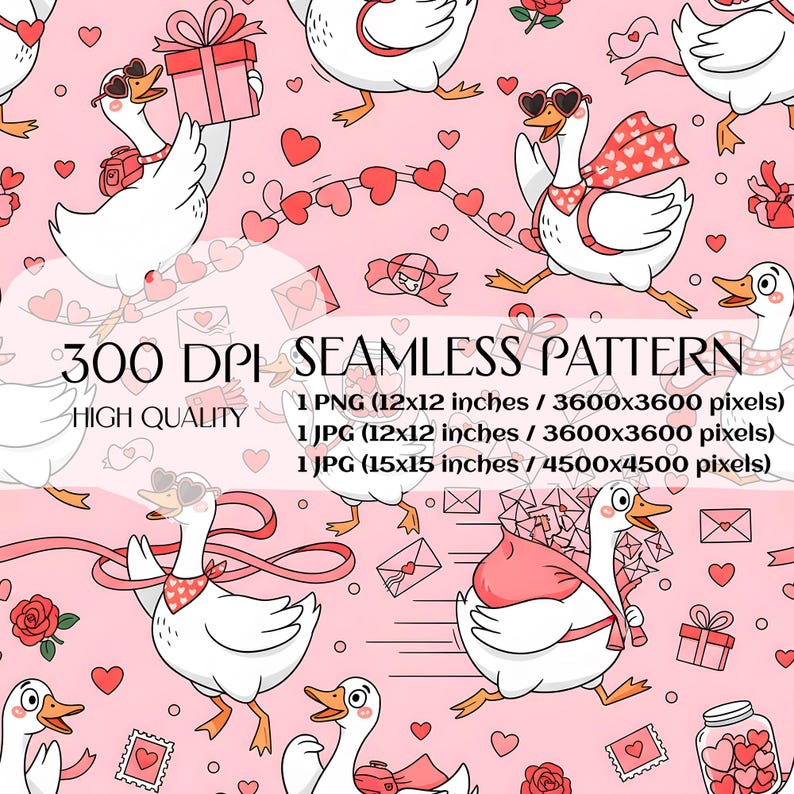 Goose Envelope Goose Bows Mail Delivery Seamless Pattern: Geese Heart Valentines Day ...