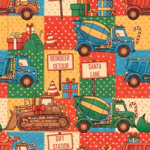 May include: A colorful Christmas-themed pattern featuring various construction vehicles like cement mixers and dump trucks, decorated with candy canes and string lights. Signs read "Reindeer Detour," "Santa Lane," and "Gift Station." Presents and traffic cones are also included.