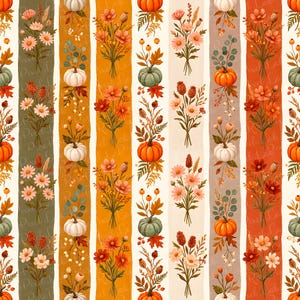 May include: A seamless pattern featuring vertical stripes in shades of olive green, orange, and cream. The design displays repeating illustrations of pumpkins, autumn leaves, wildflowers, and dried seed pods arranged in a botanical layout.