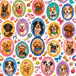 May include: A repeating pattern featuring various dog breeds in ornate, colourful oval frames. The design includes illustrations of a German Shepherd, Golden Retriever, Poodle, Corgi, Dachshund, French Bulldog, and others, accented by bones and bows.