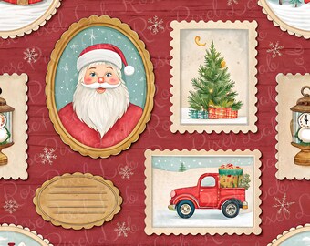 May include: A seamless pattern featuring various Christmas-themed illustrations framed as postage stamps on a dark red wood-grain background. Designs include Santa Claus, a decorated pine tree, a red pickup truck with gifts, and winter houses.