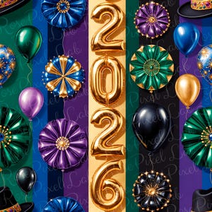 Pode incluir: Padrão digital festivo com balões de folha de ouro formando "2026" contra um fundo de balões coloridos e elementos decorativos. O design inclui detalhes em verde, azul, roxo e dourado, criando um tema de celebração.