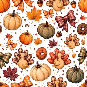 May include: A seamless pattern featuring hand-drawn illustrations of orange and green pumpkins, turkeys with plaid tail feathers, plaid bows, maple leaves, acorns, and glazed donuts scattered across a white background with small orange stars.