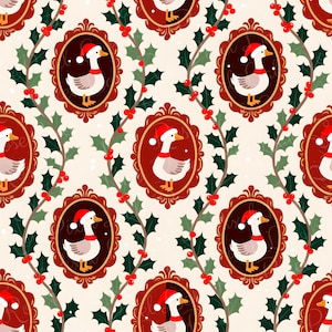 May include: A repeating pattern featuring framed illustrations of a goose wearing a Santa hat. The frames are a deep red with gold trim, set against a cream background with holly and red berries.