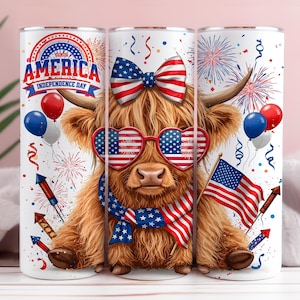 4th Of July Highland Cow American Flag 20 oz Skinny Tumbler Sublimation Design, Highland Cow Tumbler Wrap, 4th Of July Tumbler Wrap Firework