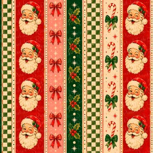 Puede incluir: Un patrón vertical repetitivo con columnas de caras de Papá Noel guiñando un ojo sobre rojo, rayas rosas con lazos rojos, una banda verde oscuro con bayas de acebo y estrellas, un borde a cuadros y bastones de caramelo con lazos verdes sobre crema.