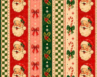Retro Santa Claus Stripes Seamless Pattern | Vintage Christmas Stripe Digital Paper | Mid-Century Candy Cane & Holly Checkerboard Repeat