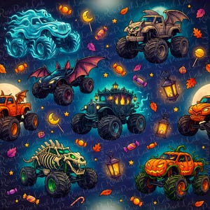 May include: A seamless pattern featuring various monster trucks with Halloween themes, including a ghost truck, a gargoyle truck, a bat-winged truck, a carriage truck, a skeleton truck, and a pumpkin truck, interspersed with lanterns and candy.