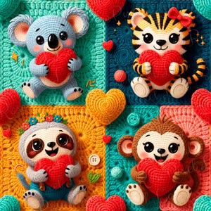 May include: A colorful crocheted blanket featuring four adorable animal characters: a koala, a tiger, a sloth, and a monkey. Each animal is holding a red heart. The blanket has a patchwork design with various colors and heart-shaped accents.