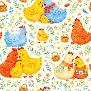 Doodle Colorful Chicken Spring floral seamless surface pattern digital repeating pattern Summer neutral farm surface design