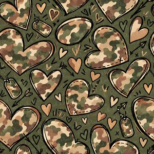 May include: A seamless pattern featuring camouflage-filled hearts, small solid tan hearts, black line-drawn arrows, and military-style dog tags on a dark olive green background. The design includes repeating motifs of hearts and identification tags.