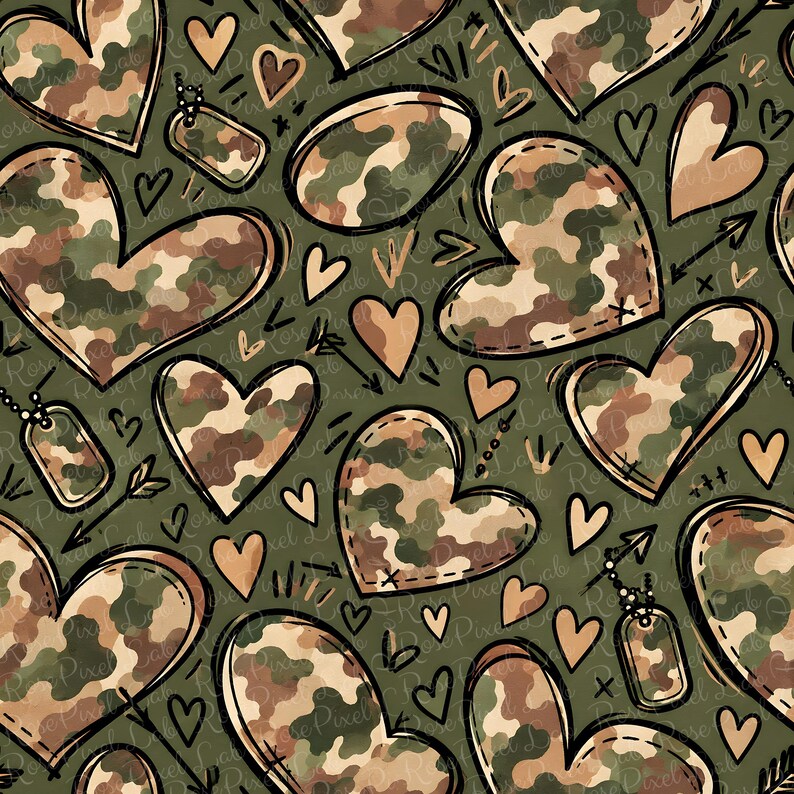 May include: A seamless pattern featuring camouflage-filled hearts, small solid tan hearts, black line-drawn arrows, and military-style dog tags on a dark olive green background. The design includes repeating motifs of hearts and identification tags.