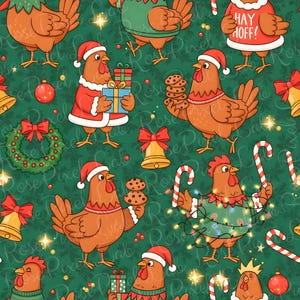 Puede incluir: Patrón repetitivo de pollos de dibujos animados con gorros y suéteres navideños, sosteniendo regalos, galletas y bastones de caramelo. Los pollos están sobre un fondo verde oscuro con elementos navideños.