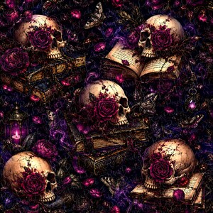 May include: A repeating pattern featuring human skulls adorned with deep magenta roses, resting on stacks of aged, open books. The dark background includes glowing purple lanterns, scattered flower petals, and butterflies, creating a dense, layered composition.