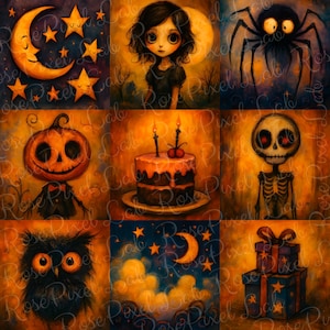 Meninas aranhas de abóbora assustadoras e padrão sem emenda de Halloween em aquarela preta, gato preto fantasma, casa mal-assombrada, padrão de repetição de outono sem emenda