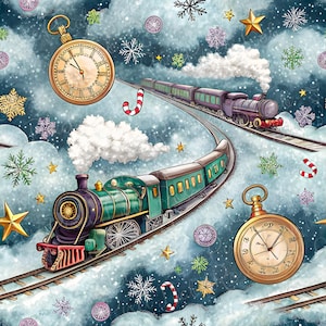 May include: A festive illustration depicts two trains travelling on tracks through a snowy scene. The trains are green and purple, with white smoke rising from their chimneys. Gold pocket watches, snowflakes, stars, and candy canes complete the design.