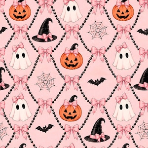 Trellis Pink Coquette Halloween Scallop Seamless Pattern, Feminine Stripes Bows Ghosts and Pumpkins