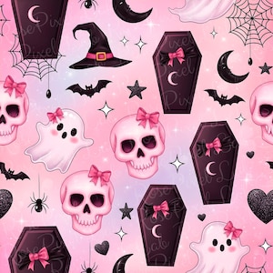 Spooky Bow Halloween Seamless Pink Coquette Trendy Ghost Halloween Bats Pink Black Bows Fabric Repeating Pattern digital file repeatable
