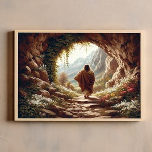 Floral He is Risen The Tomb is Empty Resurrection Wall Art Christian Oil Painting Printable Jesus Tomb Art Easter Print Digital Download