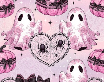 Pink Lace Ghost Seamless Pattern, Coquette Halloween (JPG File)