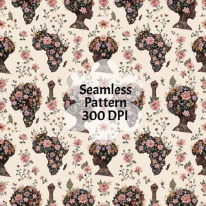 May include: A seamless pattern featuring a black woman with a floral crown in the shape of Africa. The background is a light beige with pink and white flowers.