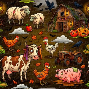 May include: A seamless pattern featuring cartoon zombie farm animals including sheep, a cow, chickens, and a pig, alongside a dilapidated barn, a rusty tractor, pumpkins, corn, and black crows against a dark brown background with scattered leaves.