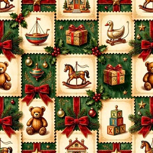 May include: A repeating pattern of vintage-style postage stamps featuring Christmas imagery including teddy bears, rocking horses, toy boats, pull-along ducks, gift boxes, alphabet blocks, holly sprigs, red ribbons, and gold ornaments on a dark green background.