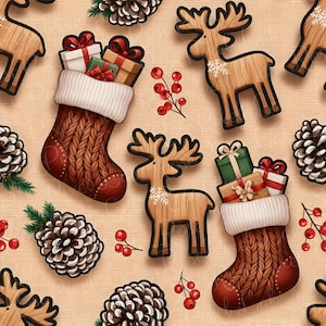 May include: A festive Christmas-themed pattern featuring brown stockings filled with gifts, wooden reindeer, pinecones, and red berries. The stockings have a knitted texture and white trim. The reindeer have snowflake accents.