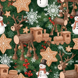 May include: A repeating pattern of Christmas-themed elements on a dark green background. The design includes gingerbread stars and snowflakes, wooden reindeer and trains, and snowmen with top hats and scarves. Red berries and pine needles complete the festive look.