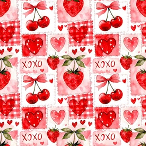 Puede incluir: Un patrón de acuarela con cerezas rojas, fresas, corazones y el texto "XOXO" sobre un fondo blanco. El diseño incluye varias formas de corazón y patrones de cuadros, creando un tema romántico.