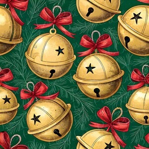 May include: A repeating pattern featuring gold jingle bells with black star-shaped cutouts and red bows, set against a dark green background with faint white line drawings of pine needles. The illustration style is detailed and graphic.