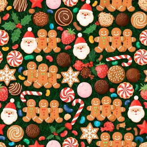 Könnte beinhalten: Ein festliches Weihnachtsmuster mit Lebkuchenmännern, Weihnachtsmann-Gesichtern, Zuckerstangen und sternförmigen Keksen. Das Design umfasst auch Erdbeeren und andere Süßigkeiten auf grünem Hintergrund, was eine fröhliche Urlaubsstimmung erzeugt.