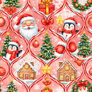 Colorful Candy Cane Christmas Santa Trellis Christmas Seamless pattern Reindeer Gingerbread Bows Candy Penguin Seamless Repeat digital paper