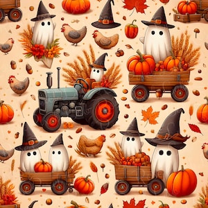 May include: A repeating pattern with ghosts in witch hats, pumpkins, chickens, and a tractor. The ghosts are driving wooden carts filled with pumpkins and wheat. Autumn leaves and acorns complete the harvest theme.