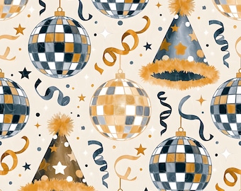 New Year's Eve Party Hat Seamless Pattern: Black & Gold (Digital Download)