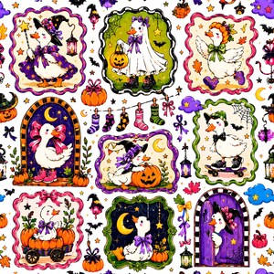 May include: A seamless pattern featuring white ducks in various Halloween costumes and settings, including ducks dressed as witches, ghosts, and pumpkin-themed characters, interspersed with pumpkins, lanterns, stars, and colorful socks.