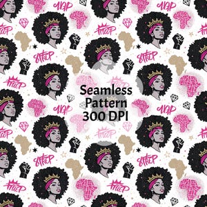 May include: A seamless pattern featuring black and white illustrations of women with crowns and pink accents. The background is white with gold glitter, pink and black shapes, and the words "true", "SFRENP", "OLCIO", "NAP", and "Freep".