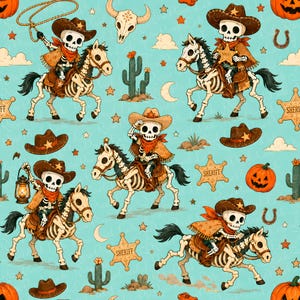 Cowboy Ghost Repeat Pattern, Skeleton Horse Digital Paper, Western Gothic Halloween Print