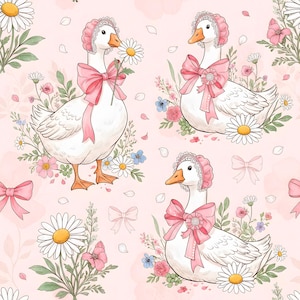 May include: A repeating pattern featuring white geese adorned with pink bonnets and bows, surrounded by daisies, blue and pink flowers, and green foliage. The background is a soft pink with scattered petals and bow outlines.