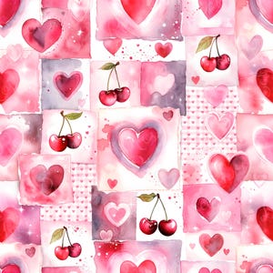 Op de afbeelding: Een naadloos patroon met aquarelillustraties van rode harten en paren kersen aan steeltjes. Het ontwerp bestaat uit diverse vierkante blokken in tinten roze, wit en rood, met kleine hartmotieven en sprankelende accenten.