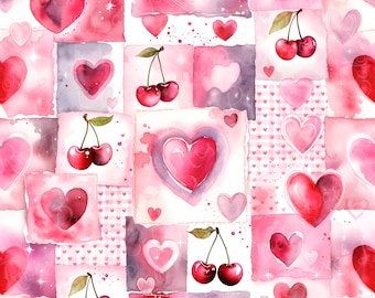 Watercolor Valentines Patchwork Repeat Seamless Pattern Red Pink Hearts Coquette Digital Paper Cute Fabric Repeat Pattern