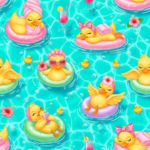 May include: A seamless pattern featuring cartoon ducks relaxing in a pool. The ducks are in inner tubes, wearing accessories like sunglasses and bows. The water is a bright turquoise color, and there are cocktails and flowers.