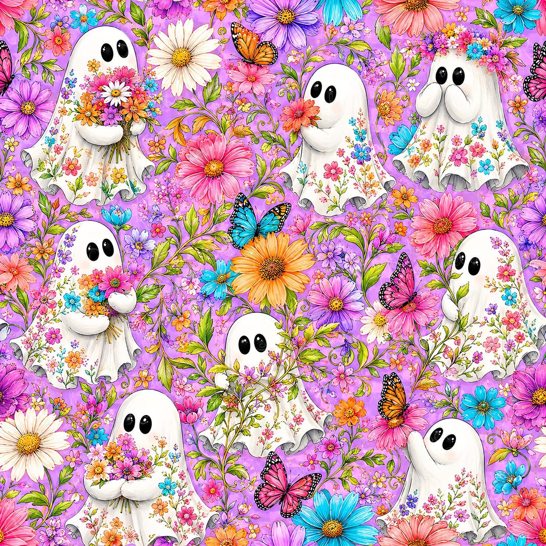 Girly Purple Ghost Seamless Pattern, Lavender Lilac Floral Halloween ...