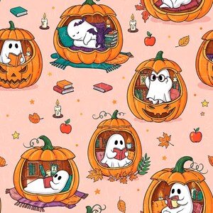 Peut inclure: Motif répété de fantômes de dessins animés à l'intérieur de citrouilles orange. Les fantômes lisent des livres, boivent du thé et dorment. Le fond est rose clair avec des feuilles, des pommes et des étoiles. Thème d'Halloween fantaisiste.